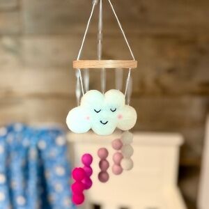 Handmade Mini Baby Mobile- Felt Cloud with Pink Rainstorm Poms and Hand-Embroide